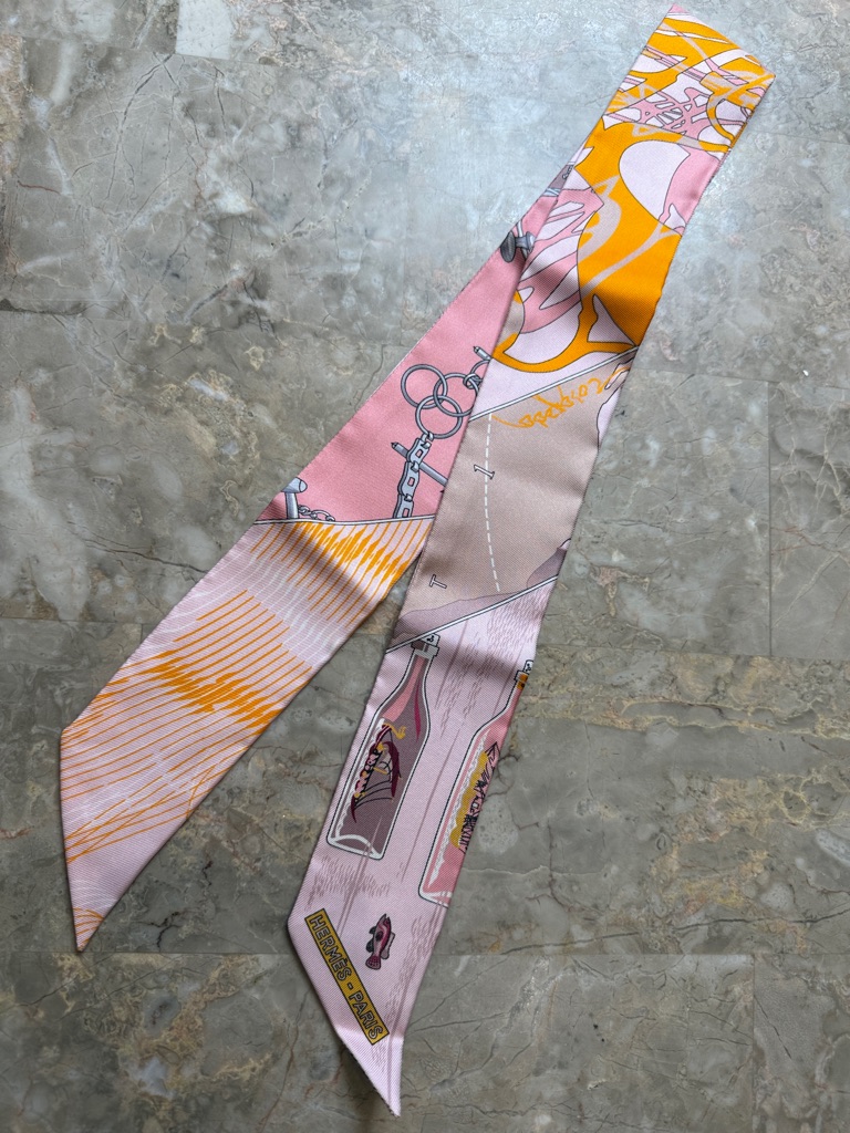 Hermes Pink  Yellow Printed Silk Skinny Scarf